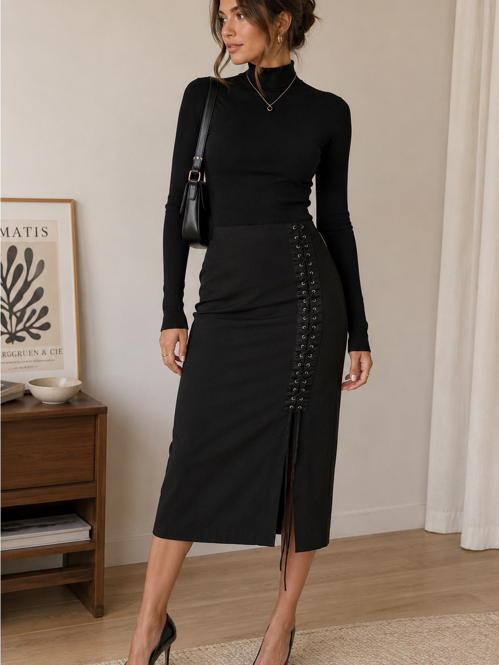 Classic Black Lace-Up High-Waist Pencil Skirt
